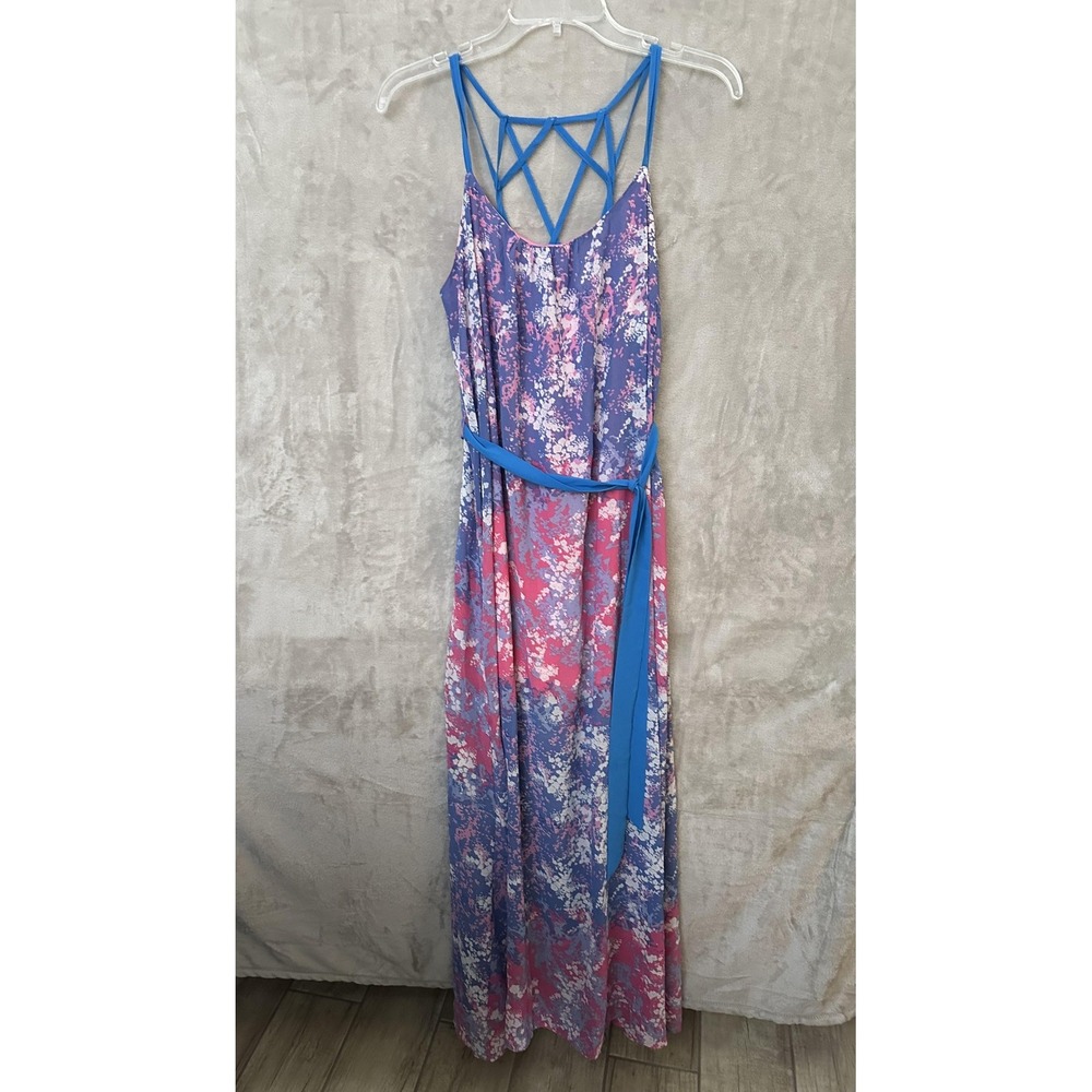 Umgee Maxi Dress Womens Small‎ Blue Pink Strappy Back Boho Floral Summer Belted